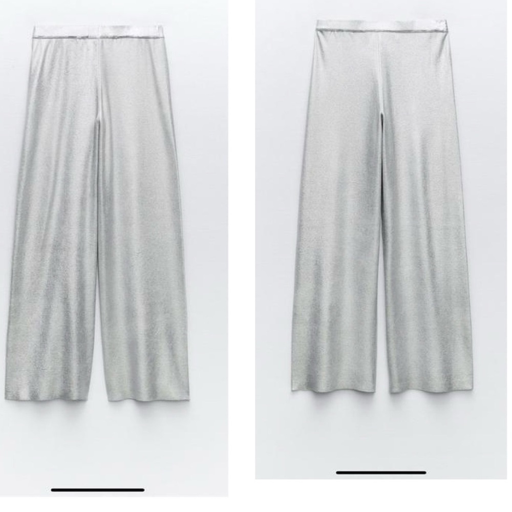 ZARA KNIT METALLIC FOIL SILVER WIDE LEG TROUSERS PANTS BNWT Sz M Bloggers Fave - Picture 1 of 17